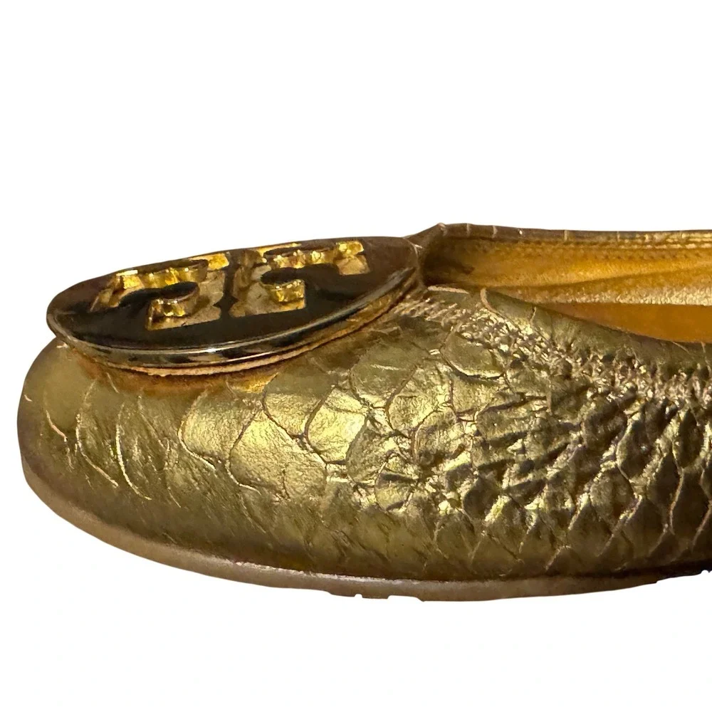 Tory Burch Reva Gold Metallic Fish Scales Ballet Flats Soft Leather Medallion 9M